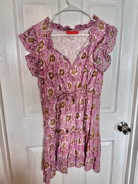 Oliphant Pink Floral Ruffle-Trim Wrap Mini Dress